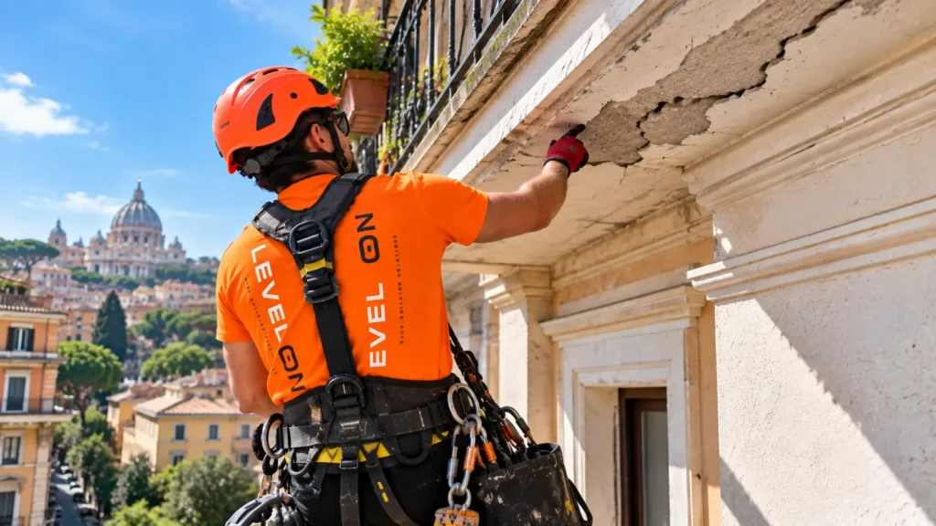 Tecnico Level On verifica delle crepe sulla facciata di un edificio a Roma