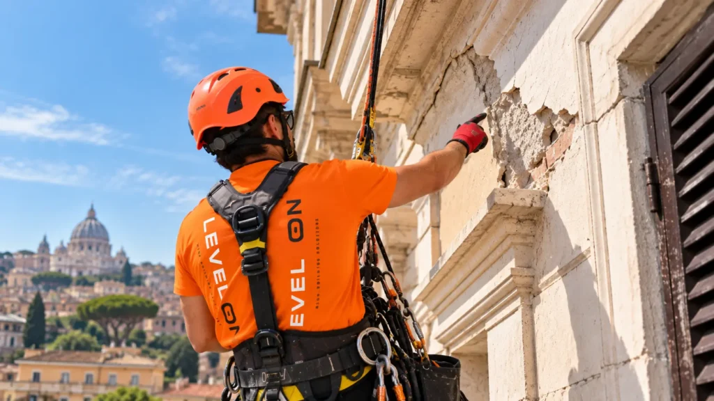 Tecnico Level On interviene sull'intonaco deteriorato di una facciata a Roma