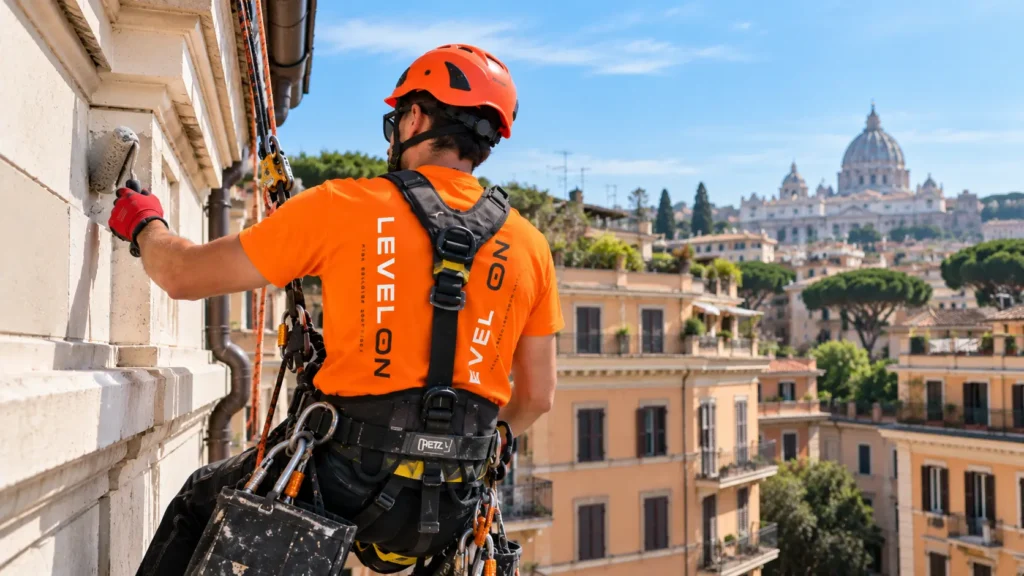 Tecnico Level On durante la manutenzione di un condominio a Roma