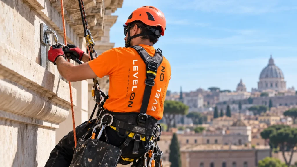 Tecnico Level On durante un intervento di messa in sicurezza di un edificio a Roma