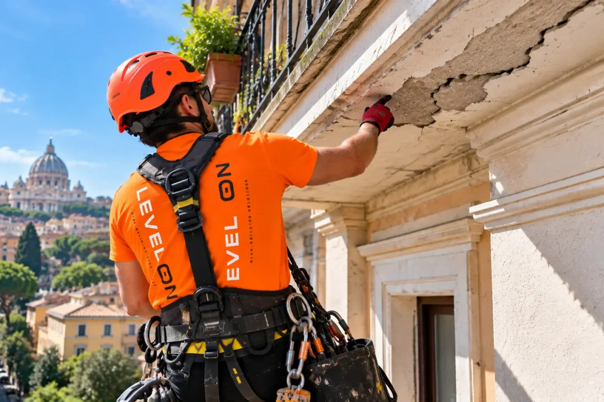 Tecnico Level On verifica delle crepe sulla facciata di un edificio a Roma